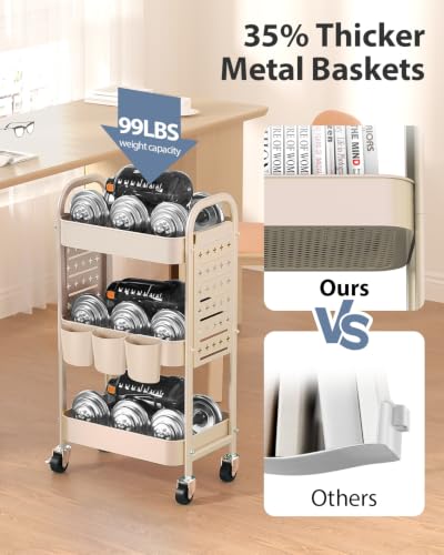 ALVOROG Khaki 3-Tier Metal Rolling Utility Cart with Pegboards, Baskets & Hooks