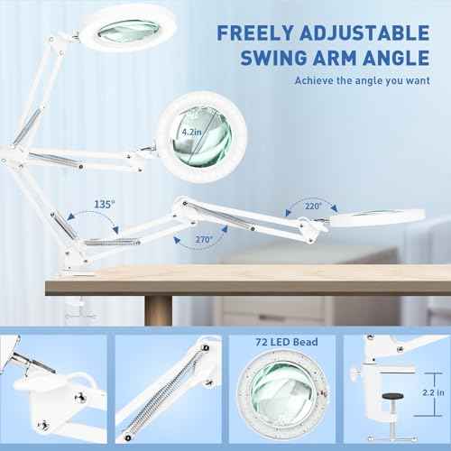 HITTI 10X Magnifying Glass with Light, 1800 Lumens Stepless Dimmable, 3 Color Modes, 4.2¡È Real Glass Lens LED Magnifying Lamp with Clamp, Magnifier Light and Stand for Craft Reading Workbench-White