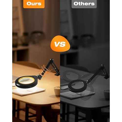 Magnifying Glass with Light, 10X & 5X Real Glass & Anti-Glare Lens, 5 Color Mode Stepless Dimmable LED Desk Magnifying Lamp, Hands-Free Desk Lamp with Clamp for Crafts Reading Repair Hobby (Yellow)