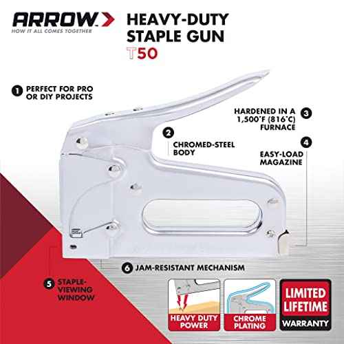 Arrow T50 Heavy Duty Staple Gun for Upholstery, Wood, Crafts, DIY and Professional Uses, Manual Stapler Uses 1/4¡±, 5/16¡±, 3/8", 1/2", or 9/16¡± Staples