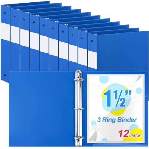 Henoyso 12 Pcs 3 Ring Binder 1.5 Inch Plastic Flexible Round Binder Fits Letter Size 8.5 x 11 Inch Paper Holds 300 Sheets with 1 Pockets for Office School (Blue)