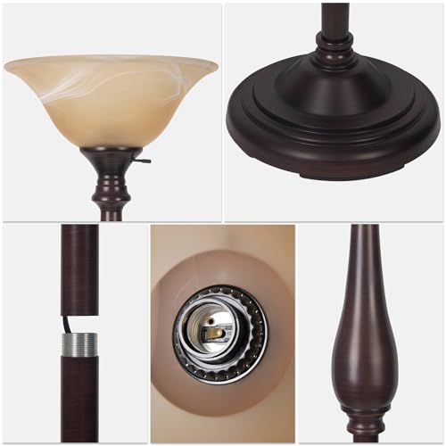 HonoDing Torchiere Floor Lamp for Living Room, Standing Lamp with Glass Shade, Iron Brushed Nickel Floor Lamps, Corner Lamps for Bedroom, Office, Reading (Dark Brown)