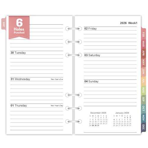 2026 Weekly & Monthly Planner Refills for A6 6-Ring Binders, Nov 2025 - Dec 2026, Forvencer 6-Hole Punched Planner Inserts with Colorful Monthly Tabs, Pocket Calendar Organizers, 3-3/4" x 6-3/4"