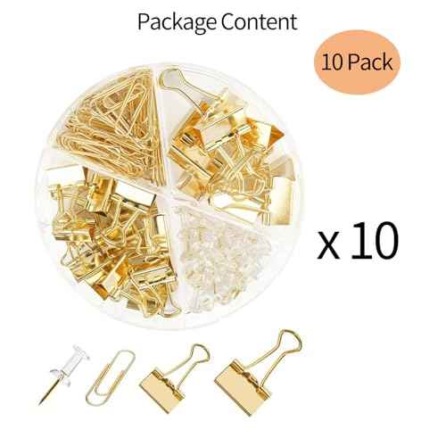 10 Pack, Gold Paper Clips and Binder Clips Set, Metal Assorted Sized Binders with Push Pins, Cute Gold Office Supplies for Desk, Desk Accessories