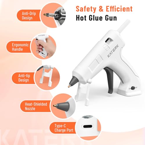 Katerk Cordless Hot Glue Gun Kit with 15 Sticks - White, 3.7V, 90s Heat