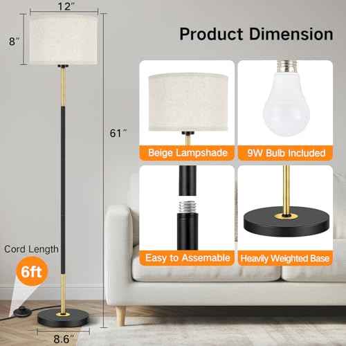 OUTON Mid Century Modern Floor Lamp for Living Room - 60" Tall Black & Gold Standing Lamp with Linen Shade, 3 Color Temperatures, Foot Switch, Easy Assembly (Bulb Included)