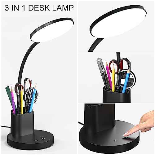 Desk Lamp, LED Desk Lamp for Home Office, Touch Table Lamp with 3 Color Modes 360¡Æ Adjustable Arm, Dimmable Desk Light with Pen Phone Holder, Black