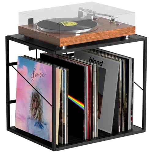 Vinyl Record Storage Holder for 80-100LPs, Vinyl Record Stand Wall Mount with Movable Divider, Solid Record Display Crate & Organizer for Albums, Magazine, Book, File, Black