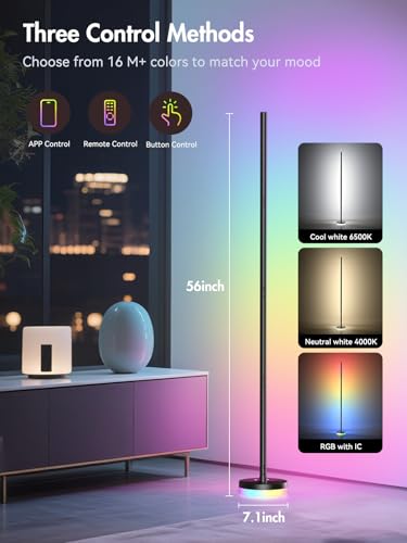 OIYN 1 Pack RGBICW LED Corner Floor Lamp with App & Remote Control, Music Sync, 1300lm, Modern Standing Light for Bedroom & Living Room