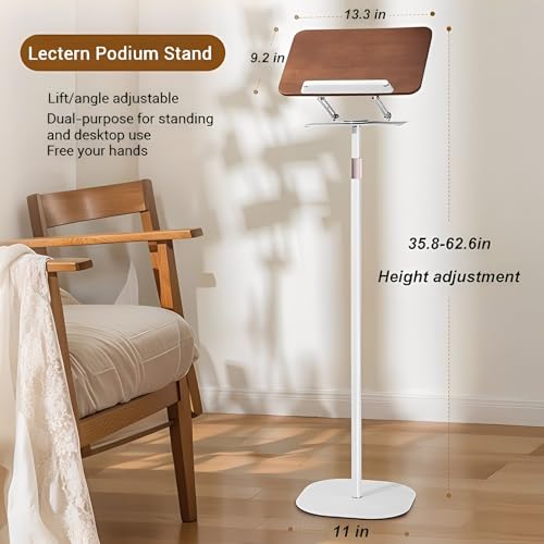 Podium Stand, Adjustable Lectern & Book Stand with Storage Tray Detachable 360¡Æ Rotating Table Heavy-Duty Metal Base for Presentations, Speech, Church, Classroom (White)