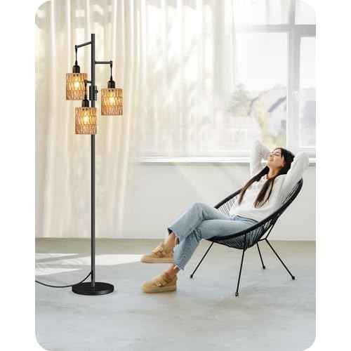 Dimmable Floor Lamp, Farmhouse Tall Standing 70.3" Tree Lamp with 3 Rope Woven Lampshades, Boho Rattan Floor Lights, 4W 3 LED Bulbs Included, for Living Room, Bedroom, Study, Office B03LD05
