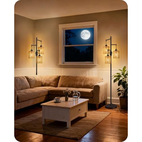 Dimmable Floor Lamp, Farmhouse Tall Standing 70.3" Tree Lamp with 3 Rope Woven Lampshades, Boho Rattan Floor Lights, 4W 3 LED Bulbs Included, for Living Room, Bedroom, Study, Office AB03LD05