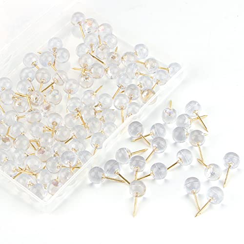 Yalis 100-Pack Push Pins 1/3 Inch Gold Steel Point Clear Head Map Tacks (T-gold)