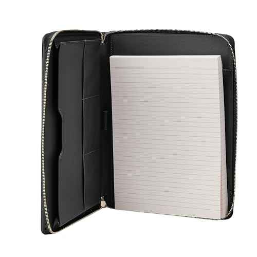 Gallaway Leather Genuine Leather Zippered Portfolio Organizer, Executive Business Binder Padfolio for Men and Women, Holder for Notebook Planner,Resume,Documents,Cards and iPad (Black)