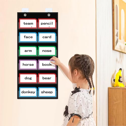ANCOMEDO 10”W x 25”H Classroom Words Pocket Chart with 6 Clear Pockets, Black
