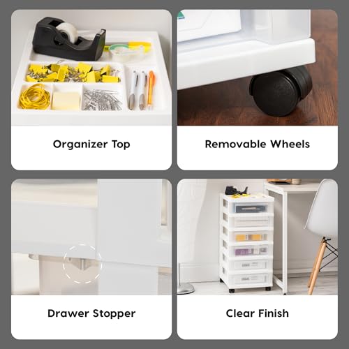 IRIS USA Plastic Drawer Storage Organizer Rolling Cart, with Wheels Casters, 6-Drawers, for Classroom Art Craft Supplies Dresser Closet Bathroom Laundry Room, White/Clear