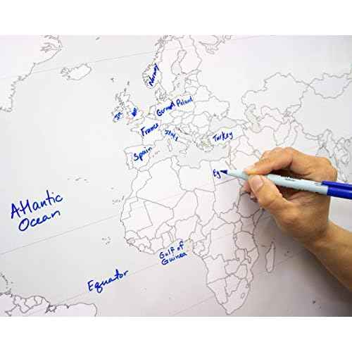 Large Blank World Outline Map Poster, Laminated, 36¡± x 24¡± | Great Blank Wall Map for Classroom or Home Study | Free Dry Erase Marker Included | Includes Detailed Laminated Answer Sheet | Learn Fast!
