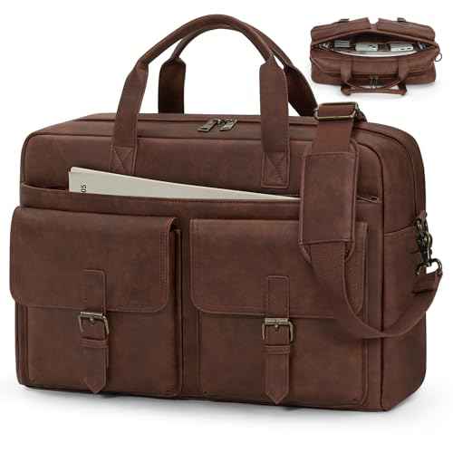 RAINSMORE Messenger Bag for Men 16 Inch Leather Laptop Bags Work Computer Briefcase Vintage Mens Satchel Shoulder Bag for Work, Office, Business, Travel, Brown