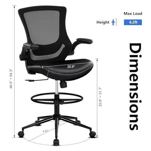 Misolant Black Tall Office Chair for Standing Desk with Footrest, PU Leather Reclining Drafting Chair, Adjustable Lumbar Support