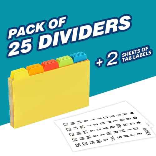 Chell 3x5 Plastic Index Card Dividers, Heavyweight Poly Index Card Guides A-Z for Flash Cards and Recipe Cards, with Alphabetical/Blank Stickers, Pack of 25