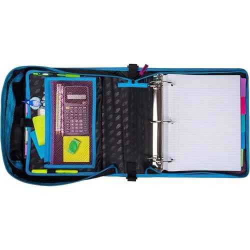 Case-it Mighty Zip Tab School Zipper Binder | 3-Inch O-Rings, 600-Sheet Capacity, 5-Subject Expanding File Folder, Multiple Pockets & Storage Organizer, Shoulder Strap | D-146 Monster Design Purpal