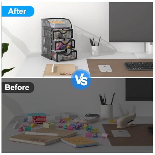 Black Mesh Desk Organizer with 3 Drawers for Office & Home Storage