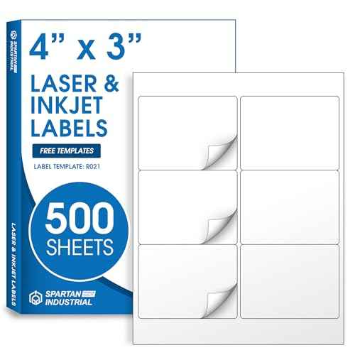 4" X 3" Matte White Printable Labels Compatible with Inkjet and Laser Printers - 500 Sheets, 3000 Total Paper Stickers for Shipping, QR Codes, and Barcodes - Spartan Industrial Template R021