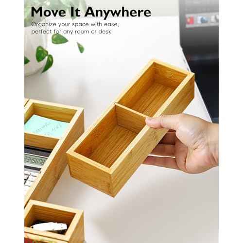 12-Piece Bamboo Desk Drawer Organizer Tray ? Adjustable Storage Boxes with 24 Adjustable Compartments for Office Drawer, Jewelry, Vanity & Desk Accessories