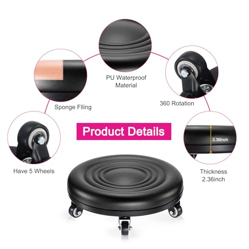 PATIKIL Low Rolling Stool Chair - PU Leather Universal Wheel Seat for Home Office Fitness - Round Roller Stool (Black)