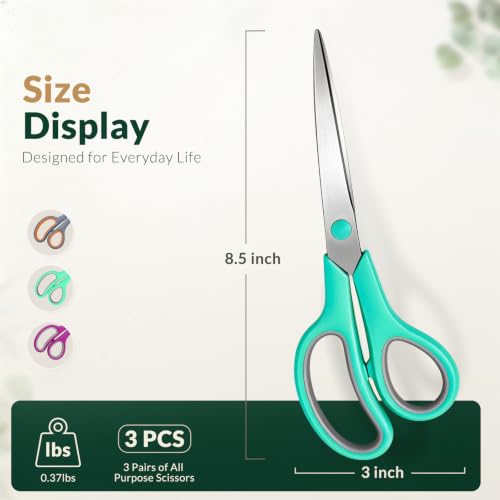 YANLIFY 8.5 Inch All-Purpose Craft Scissors 3-Pack with Soft Grip for Office, Sewing, Crafts (Green Gray, Purple Gray, Gray Orange)