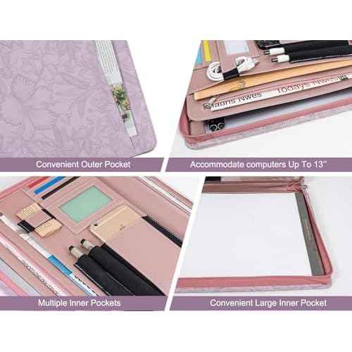 Embossed PU Leather Portfolio for Women,Professional Organize 3-Ring Padfolio with A4 Notepad Holder,Professional Business Document Organizer for Women (Purple)