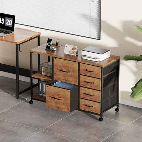 6 Drawer File Cabinet with Charging Station Rolling Printer Stand with Open Storage Shelf Fabric Lateral Filing Cabinet for Home Office,Rustic Brown2