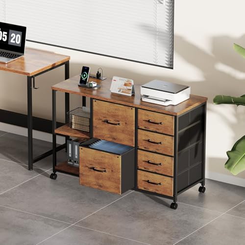 Maihail Rustic Brown 6-Drawer File Cabinet with Charging Station and Open Shelf