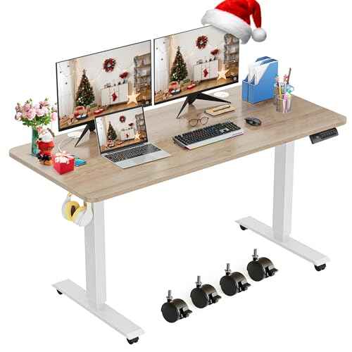 farexon Electric Standing Desk Adjustable Height, 48 x 24 inch Sit Stand Desk with Metal Hook, 4 Memory Heights, 27''-46'' Lifting Range Stand up Desk with Wheels(Oak Gray)