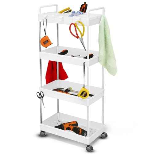 Auto Dynasty 4 Tier Slim Rolling Cart with Handle, Multifunction Utility Storage Rolling Cart, Movable Storage Organizer with Wheels for Office, Bathroom, Kitchen, Narrow Places (White-Big Size)