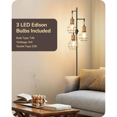 EDISHINE Dimmable Farmhouse Floor Lamp for Living Room, Industrial Black Standing Lamp with 3 LED Edison Bulbs, Corner Rustic Rattan Tall Tree Reading Lamps Home Decor for Bedroom, Office