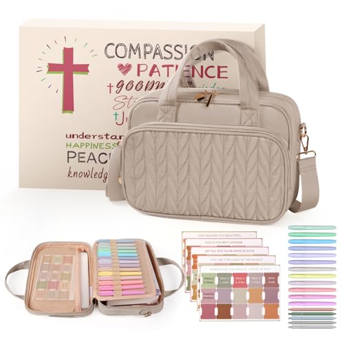 Bible Cover Case for Women, Large Bible Bag with Study Supplies, Bible Journaling Kit with Highlighters and Pens No Bleed, Christian Gift for Women (Shoulder Strap, Smokey Taupe)