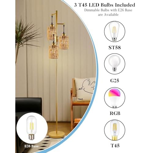 Lightdot 67" Boho Rattant Floor Lamps for Living Room, 3-Light Dimmable Floor Lamp with Gold Woven Cages, Bohemian Standing Tall Lamp, Mid Century Industrial Lighting for Bedroom Office, E26 Base-Gold