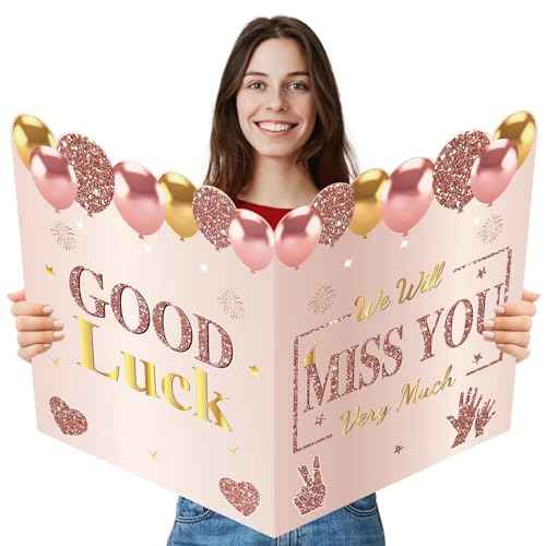 Retirement We Will Miss You Greeting Card for Coworkers Women, Pink Rose Gold Guest Signature Book Gifts, Good Luck Blessing Greeting Card for Going Away Farewell Decorations Party Supplies