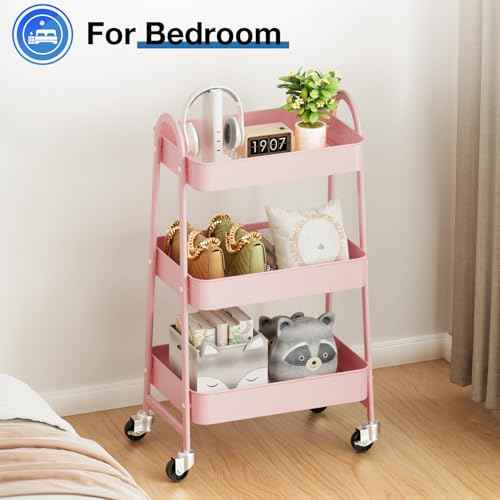 OLIXIS 3 Tier Utility Rolling Cart with Lockable Caster Wheels, Metal Mobile Storage Shelf, Organization for Livingroom, Bathroom, Kitchen, & Narrow Places, Clear Pink