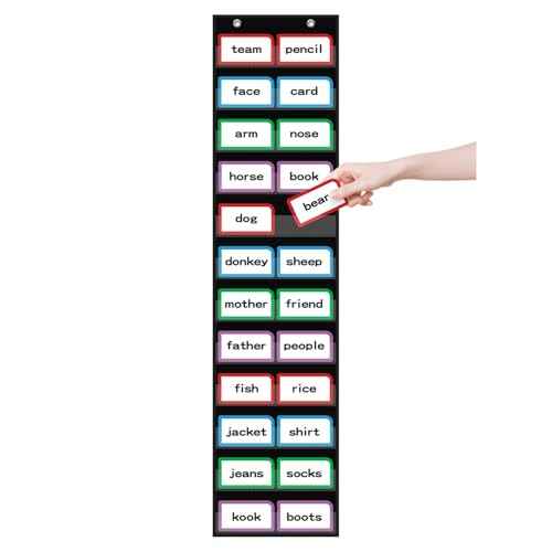 10¡±W x 48.25¡±H Classroom Words Pocket Chart with 12 Clear Pockets, Black Standard Pocket Chart for Classroom and Home for Sentence Strips, Reusable Words Hanging Pocket Chart (Black)