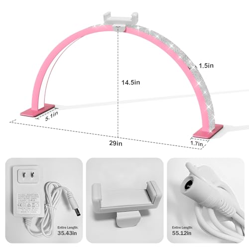 Large 29-inch Half Moon Light for Nail Desk,48W LED Light with Hand Pillow and Phone Holder, Nail Desk lamp for lash Eyelash Extension,Makeup Desk lamp,Color Temperature 3000K-6000K (Pink)