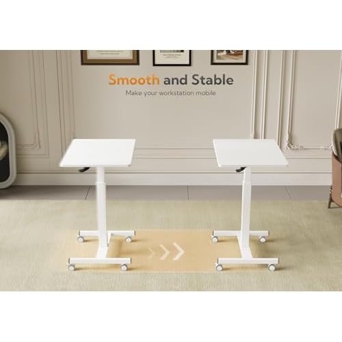 Claiks Mobile Standing Desk, Small Rolling Workstation With Wheels, Pneumatic Laptop Desk for Home Office With Hook, White