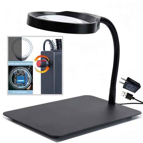 10X Magnifying Glass with Light and Stand,Dimmable Flexible Magnifying Craft Ligh, LED Lighted Magnifier Hands Free for Close Work Craft Reading Painting Hobby (Black-04)