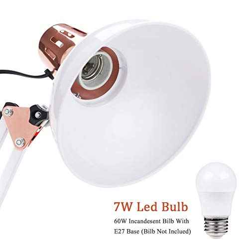 PowerKing Metal Swing Arm Desk Lamps, Adjustable and Flexible,Feading with Base and Clip 2-in-1 Function, Fit E26&E27 Bulbs Base, Application in Bedroom Living Room, Office Home (White+Rose Gold)