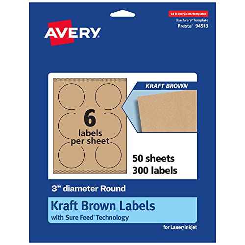 Avery Kraft Brown Round Labels, Sure Feed Technology, 3" Diameter, 300 Kraft Brown Labels, Print-to-The-Edge, Laser/Inkjet Printable