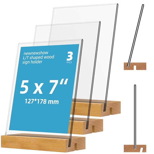 5x7 Inch Acrylic Sign Holder with Wood Base - 3 Pack, Vertical or Slant Back Display
