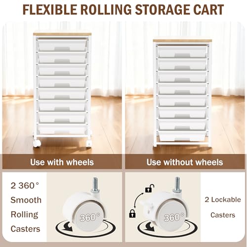 Neatevday White Rolling Cart with 8 Drawers, Wooden Top & Lockable Wheels