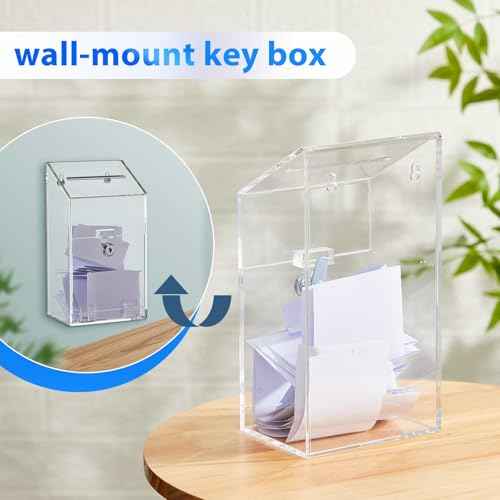 Juexica 2 Pcs Acrylic Donation Box 10.2" x 5.6" x 4" Suggestion Box with Lock and Slot Wall Mount Safe Key Drop Ballot Clear Fundraising for Home Office Vote