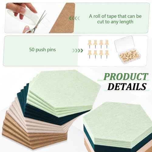 16 Pcs Hexagon Cork Board for Walls with 50 Wooden Push Pins 12x10 in Felt DIY Tiles Notice with Nano Tape Hanging Bulletin Board for Home Photo Office Memo Note (Green)